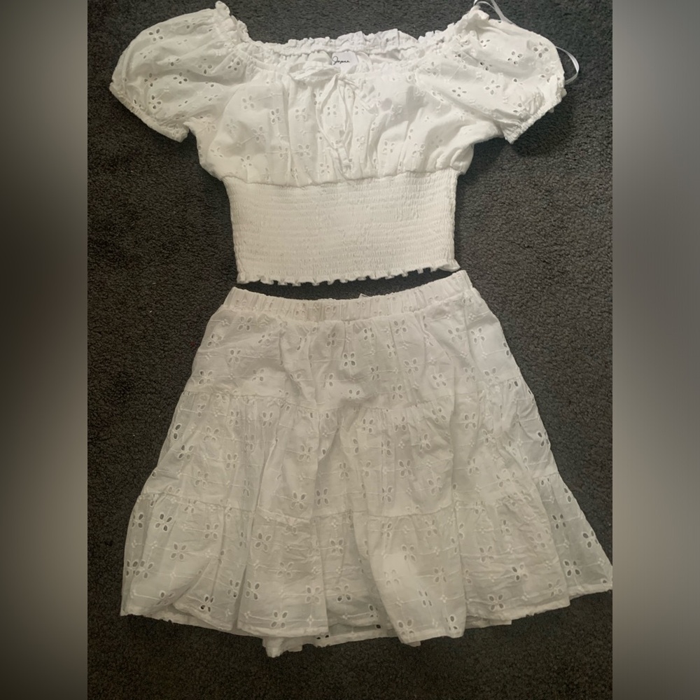 White Eyelet Women's Two Piece Skirt Crop Set